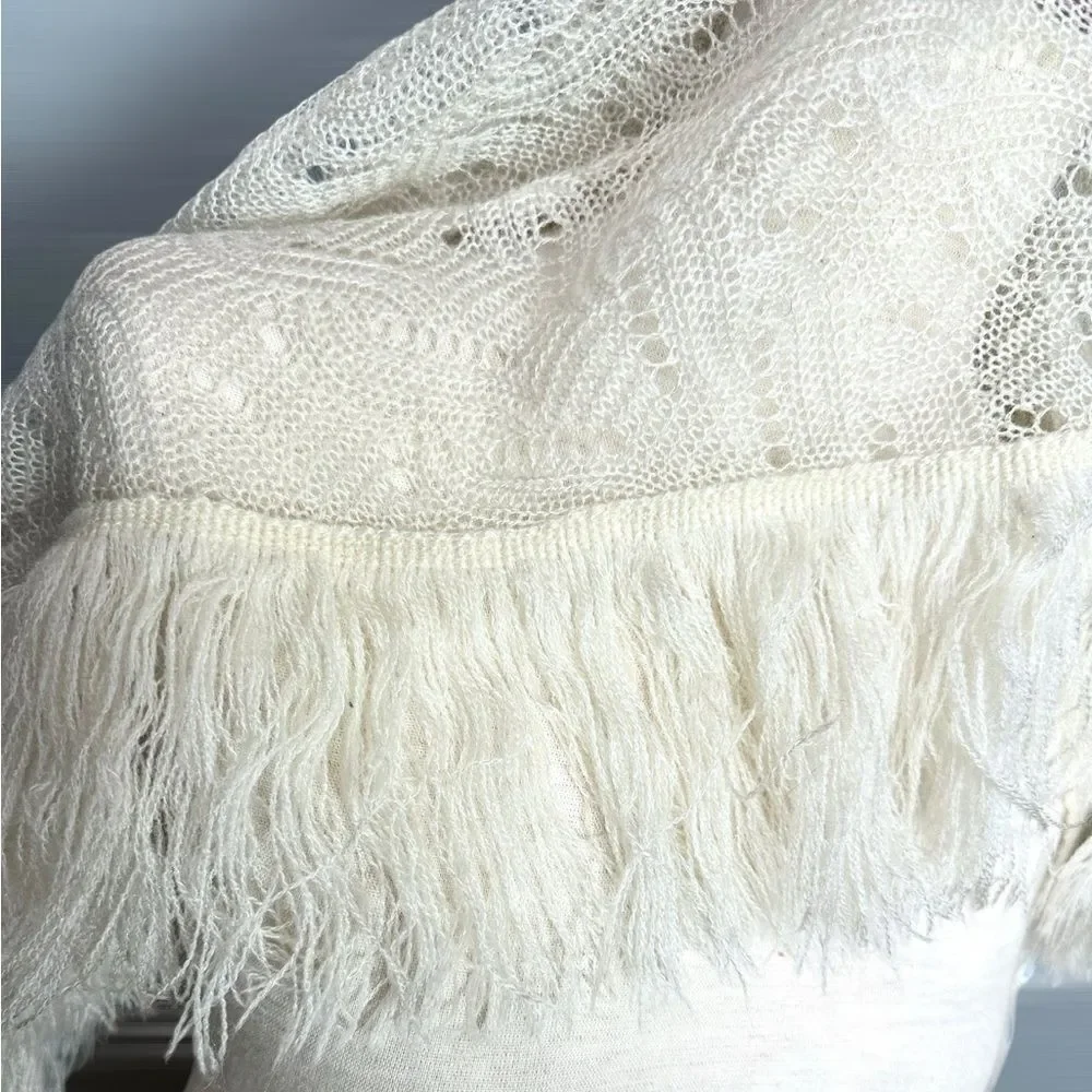 Vintage Desco Cream Scarf Shawl Triangular with Fringes Japan  Acrylic Boho